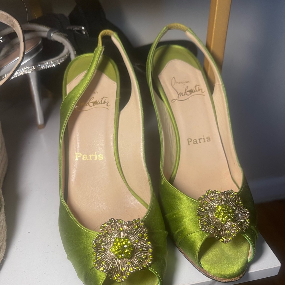 Christian Louboutin Green Satin Peep-Toe Heels